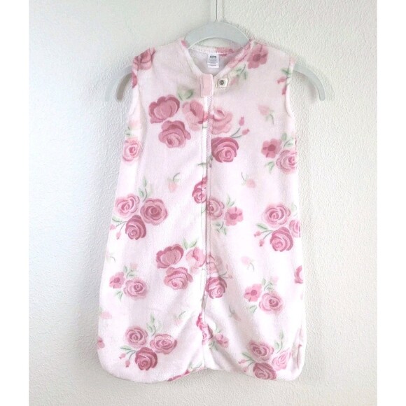 Sleep Sack 6-12 Months Infant Hudson Baby Pink Fleece Zip Sleeveless Roses HB - Picture 1 of 8